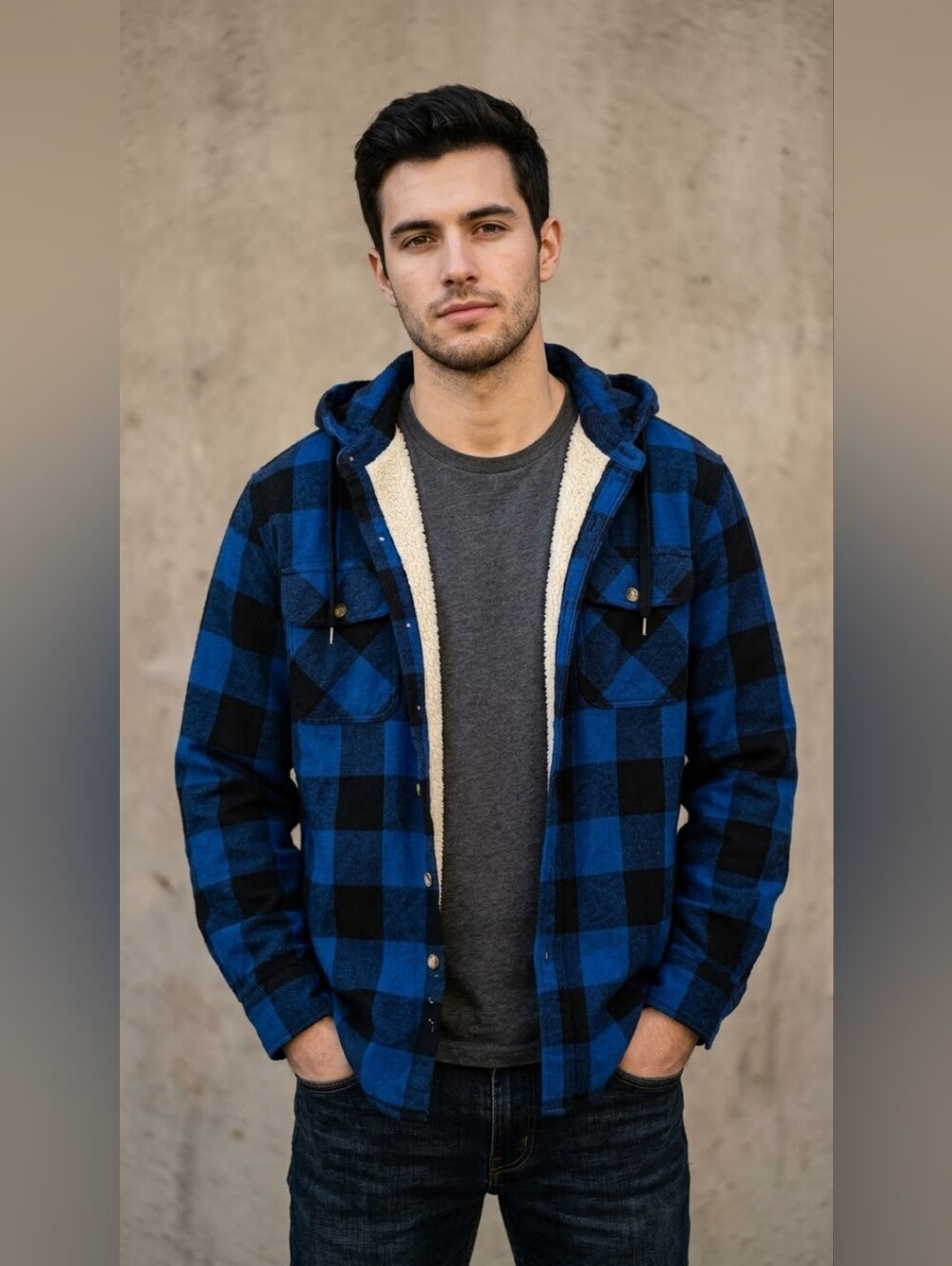 GKS Men’s Sherpa Lined Flannel Jacket Blue Buffalo Plaid Small